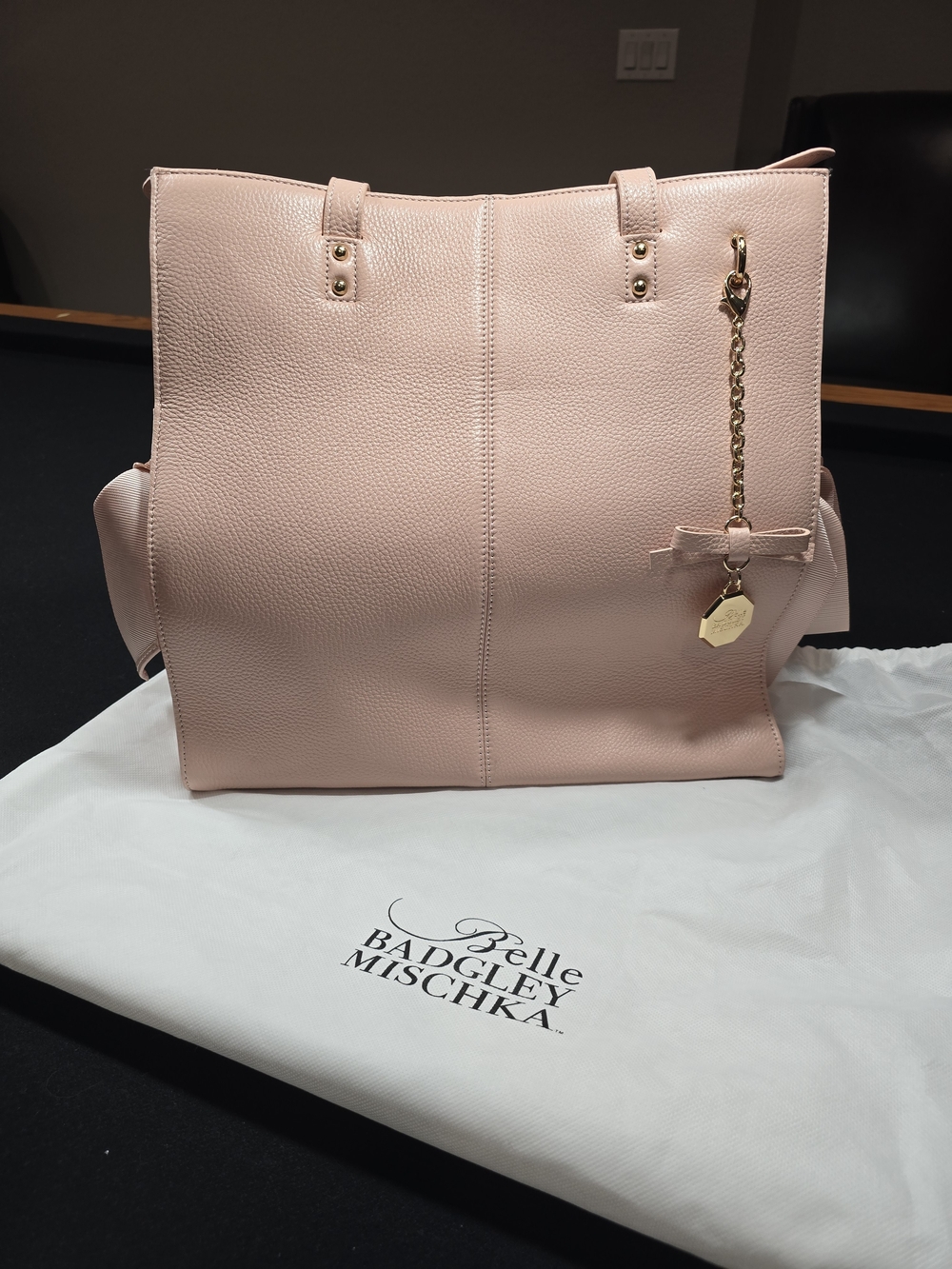 Badgley Mischka Pale Pink Pebble Leather Tote with Gold Charm